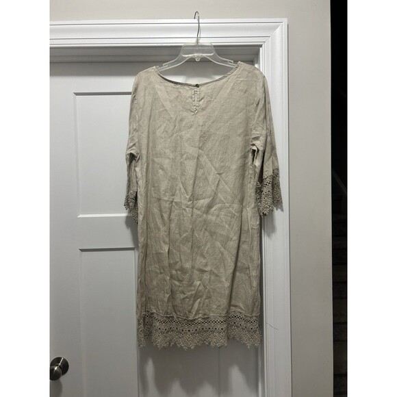 Rosemarine Beige Tan Linen Shift Tunic Dress Sand Italy Lace Size Large Crochet - Picture 7 of 7